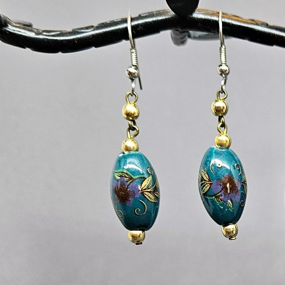 Teal Ceramic Beaded Earrings w/ Gold & Purple Flower Design - 2" long